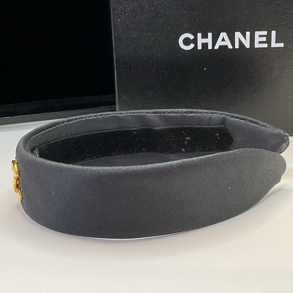 CHANEL Black Headband with Gold Logo Accent